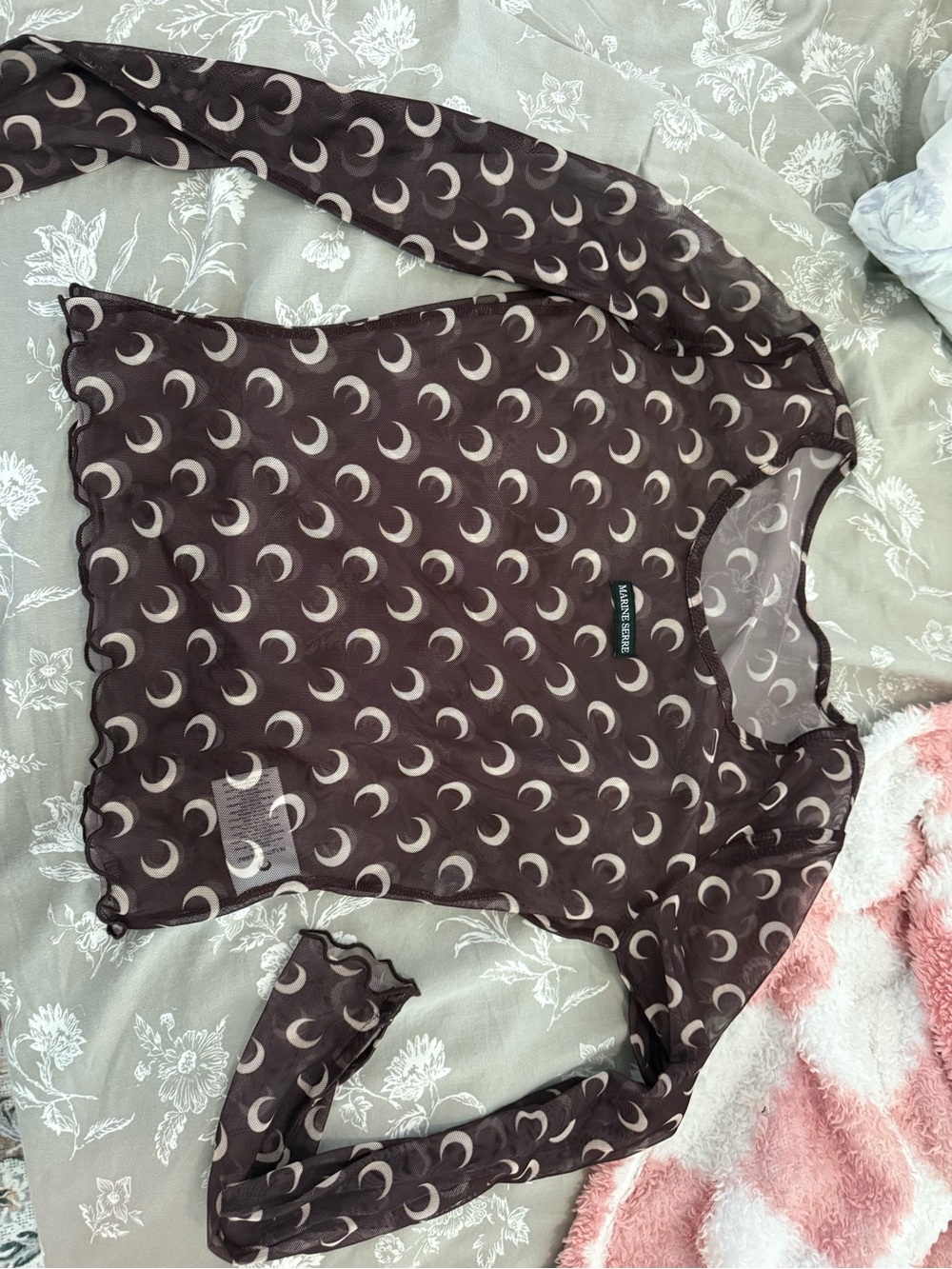 Marine Serre Brown Moon-Print Cropped Long Sleeve Top and matching sheer pants - Picture 3 of 11